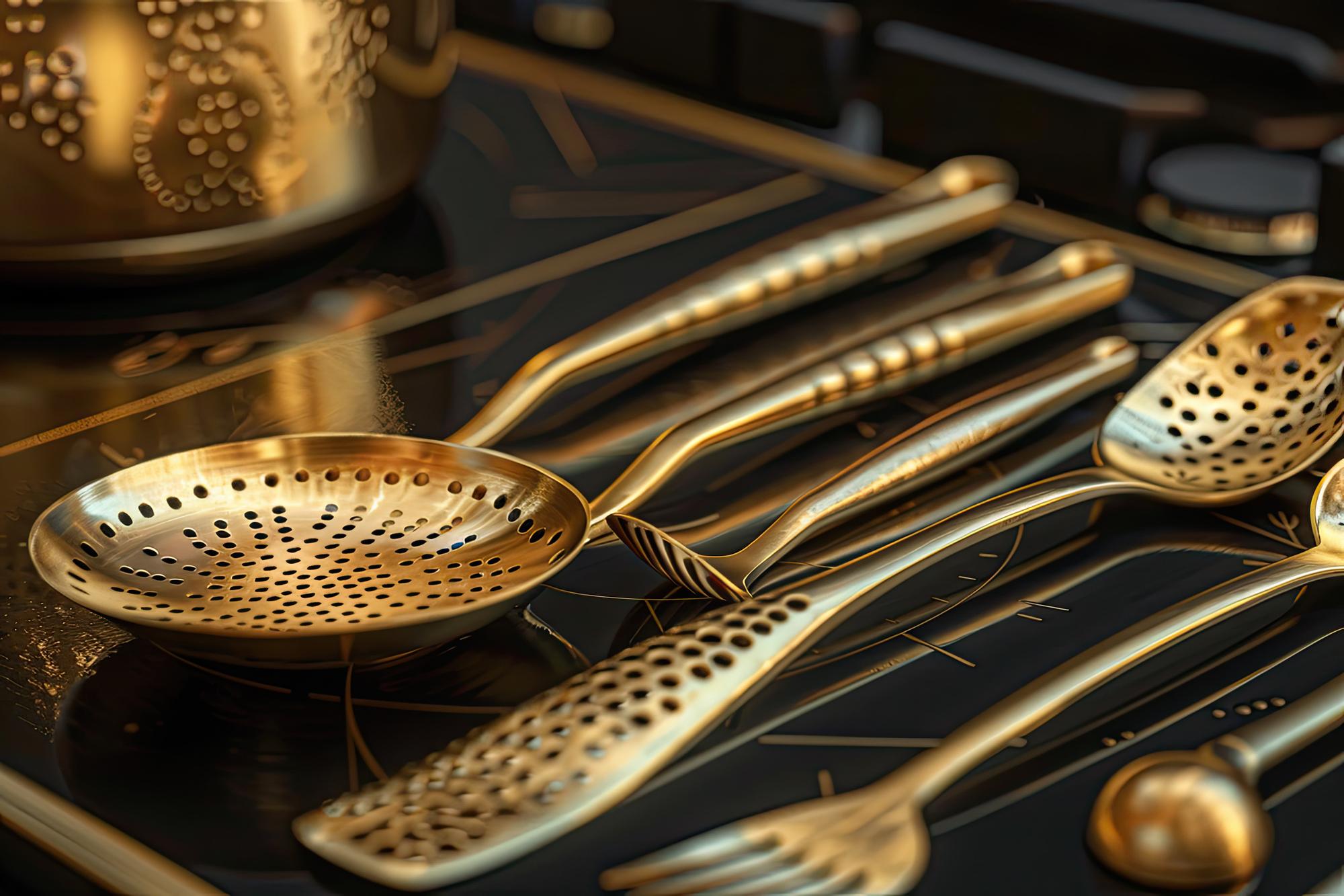 Cucina professionale con utensili in ottone