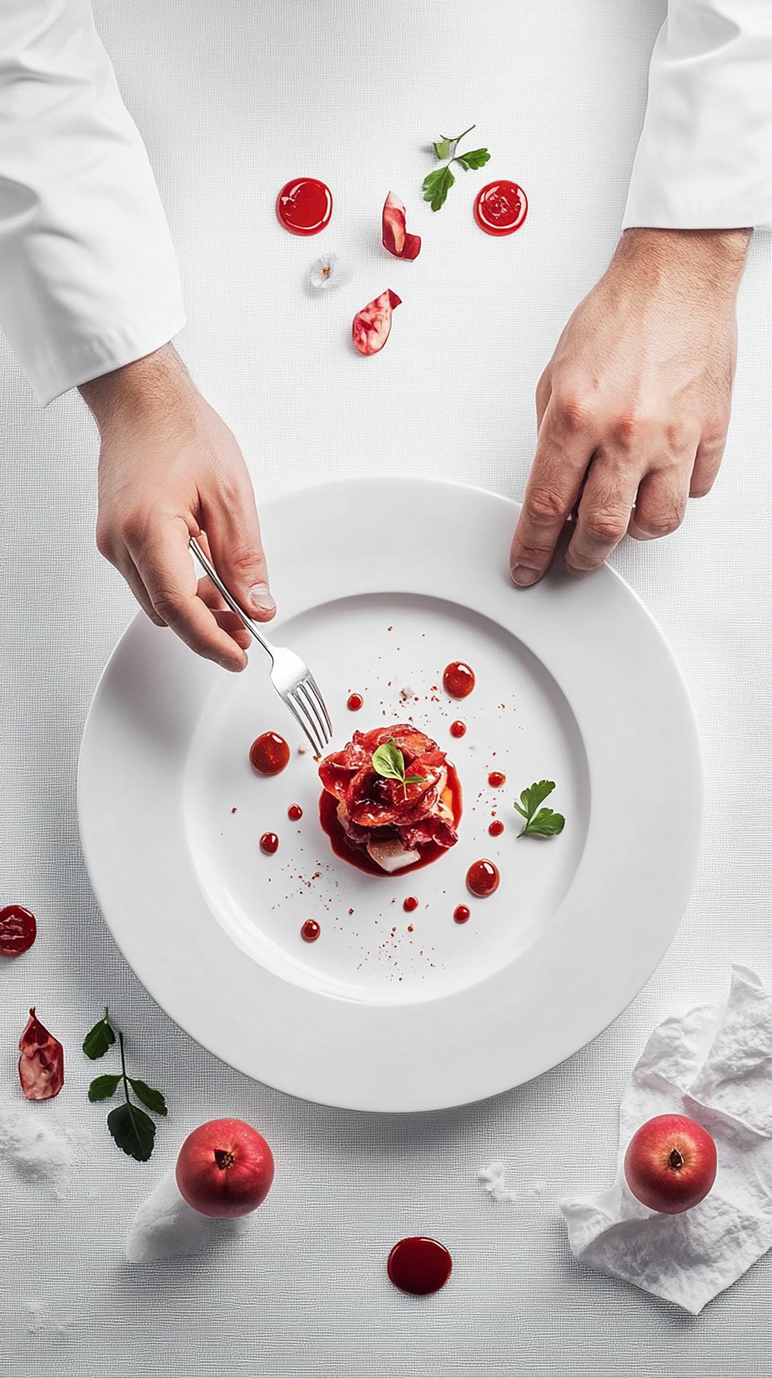 Chef elegante che impiatta un piatto gourmet